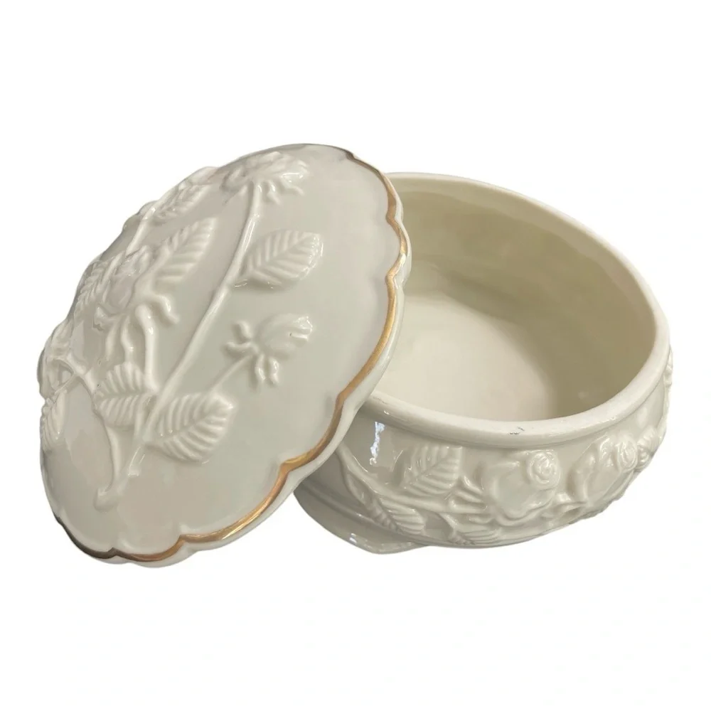 Bisque Porcelain Raised Rose Pattern Gold Trimmed Storage Box Footed